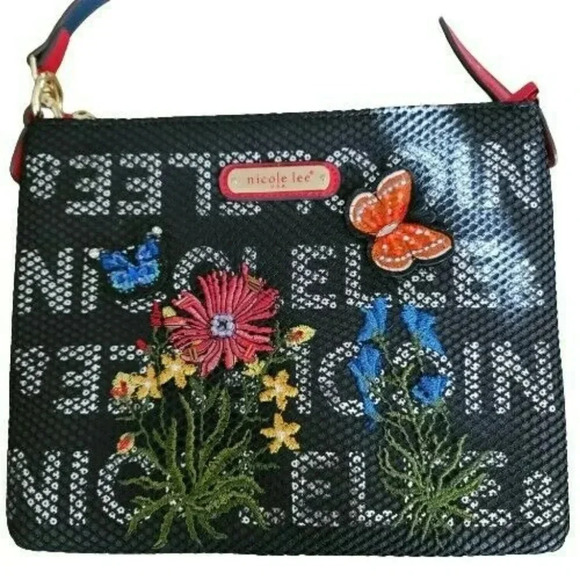 NICOLE LEE CROSS BODY BAG ADJUSTABLE STRAP embroidered flowers  black & Red - Picture 1 of 12